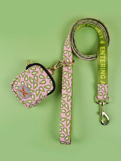 Pet lead with attached garbage bin in polyester, shown in six colours and sizes S, M, L