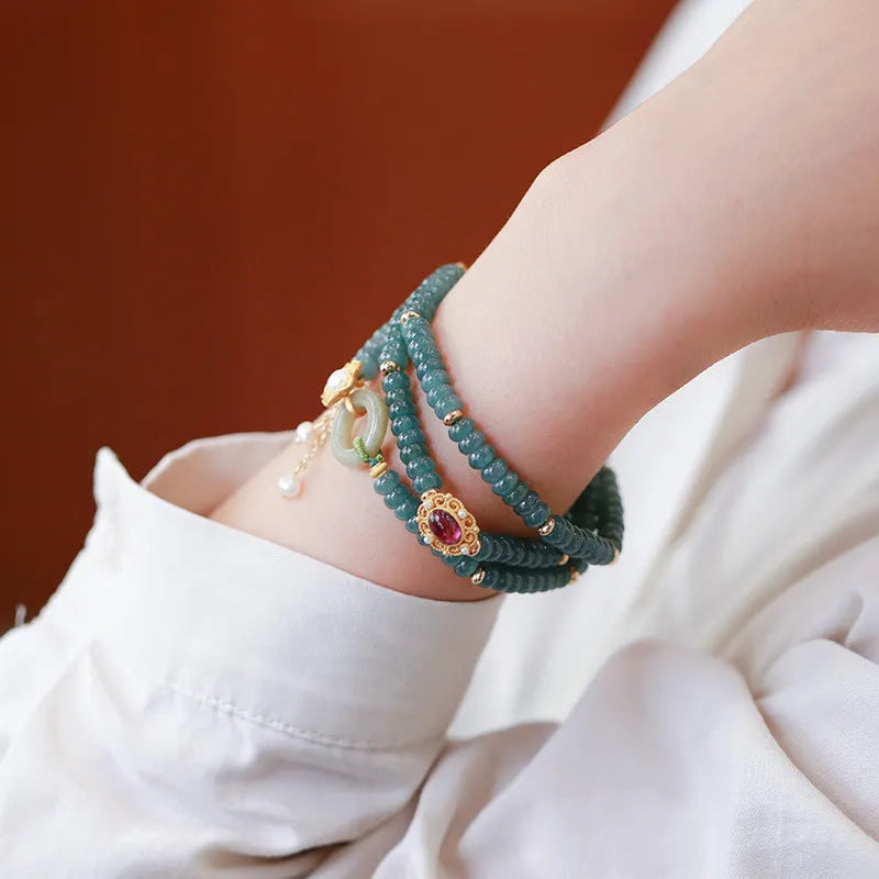 Blue water jade abacus bead bracelet with three rings tourmaline and freshwater pearls