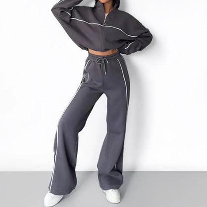 Women's casual suit with long sleeve mock neck hoodie and striped lace-up trousers in apricot colour