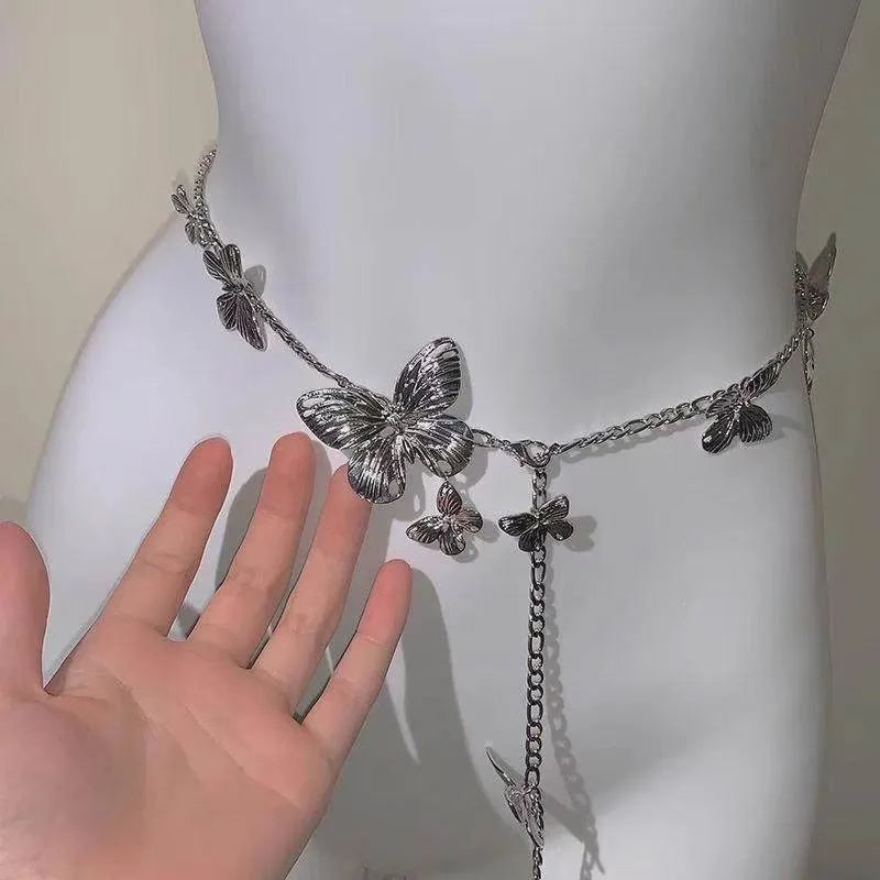 Gold or silver butterfly waist chain belt with alloy construction, measuring 104cm long.