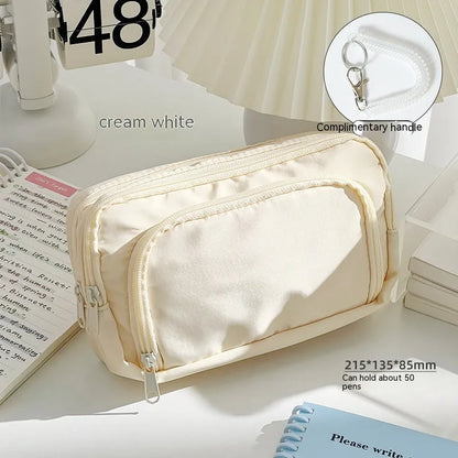 Solid colour double-layer pencil case for high-capacity exam stationery organisation.
