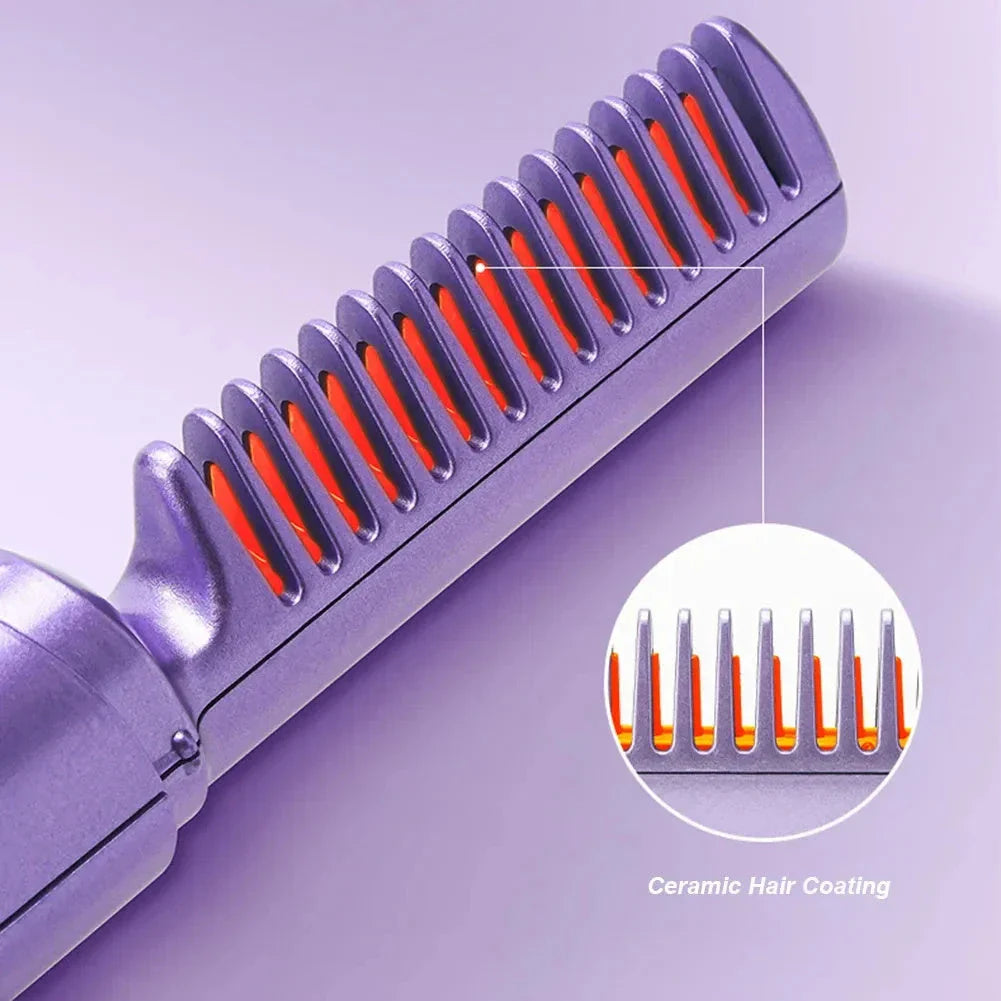 Cordless hair straightener and curler comb with fast heating and negative ion technology for salon-quality styling on the go