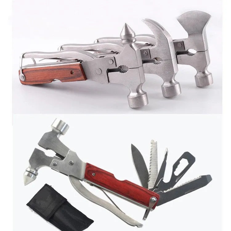 Solid steel 16-in-1 multi-function car safety hammer with window breaker, shown with its Oxford fabric storage pouch.