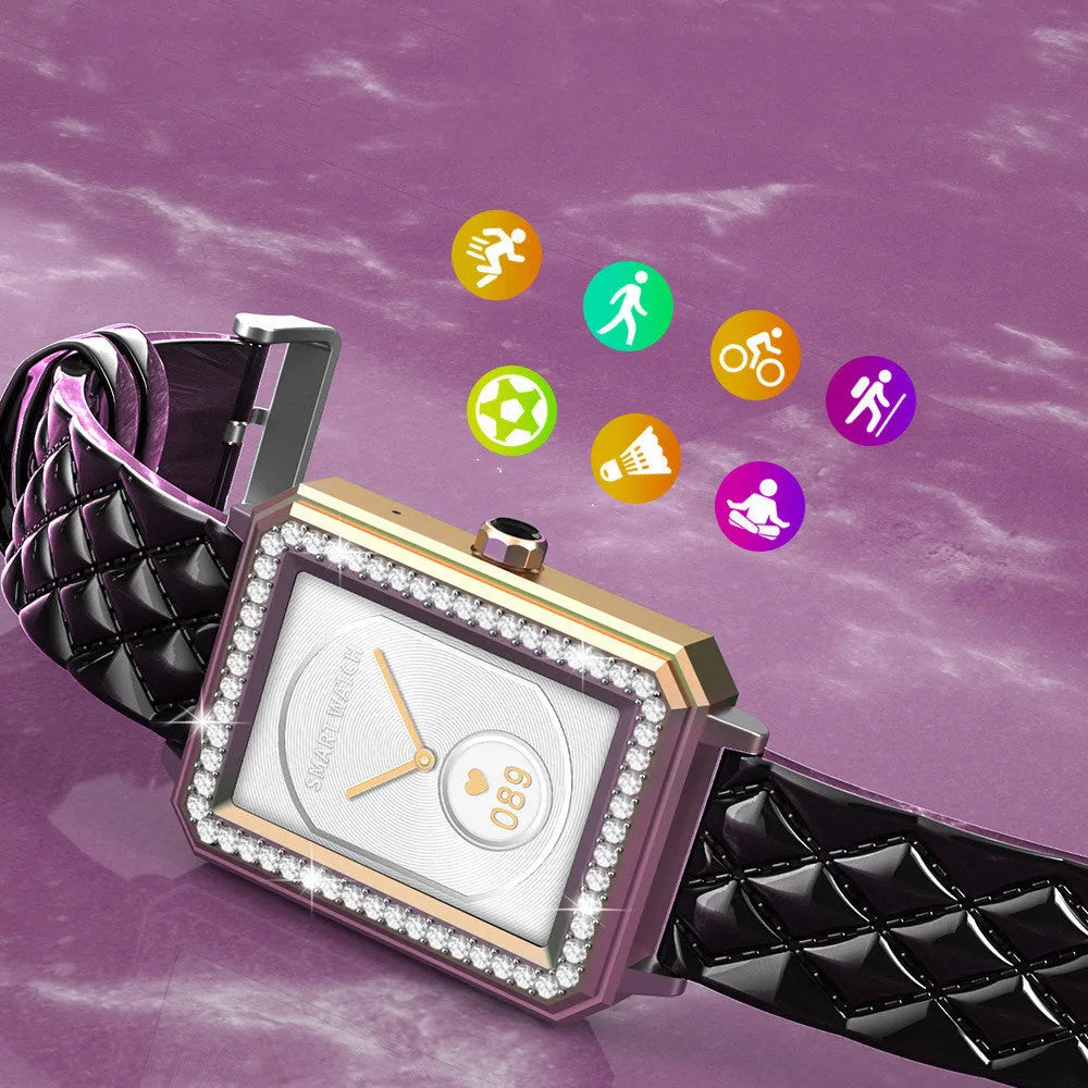 Women's smart bracelet with leather strap showing 1.65-inch HD screen displaying health data.