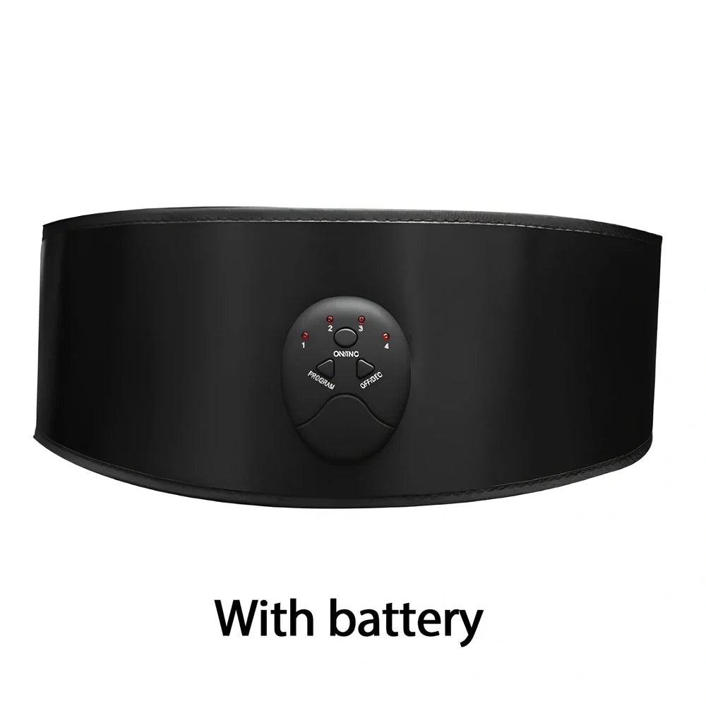 Black abdominal slimming belt with adjustable waist strap showing vibration unit and 10-speed controls