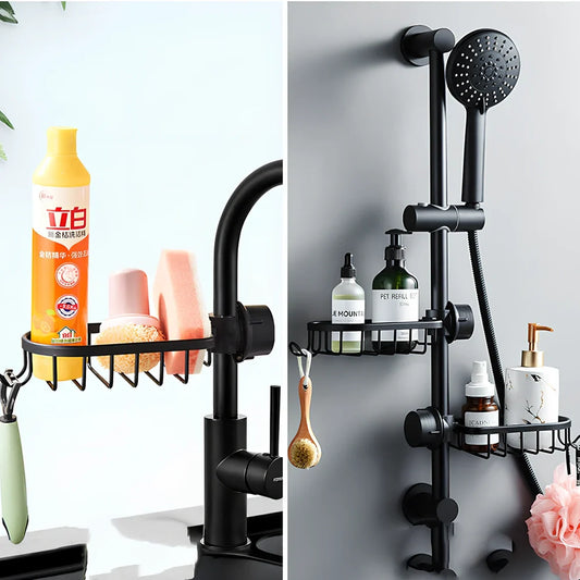 Elegant black aluminium shower storage rack, 12cm deep single shelf mounted on bathroom tile, holding shampoo bottles securely without drilling