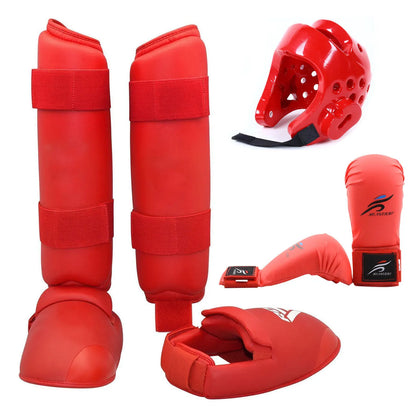 Red and blue karate taekwondo protective gear set with leg guards, helmet, and boxing gloves.