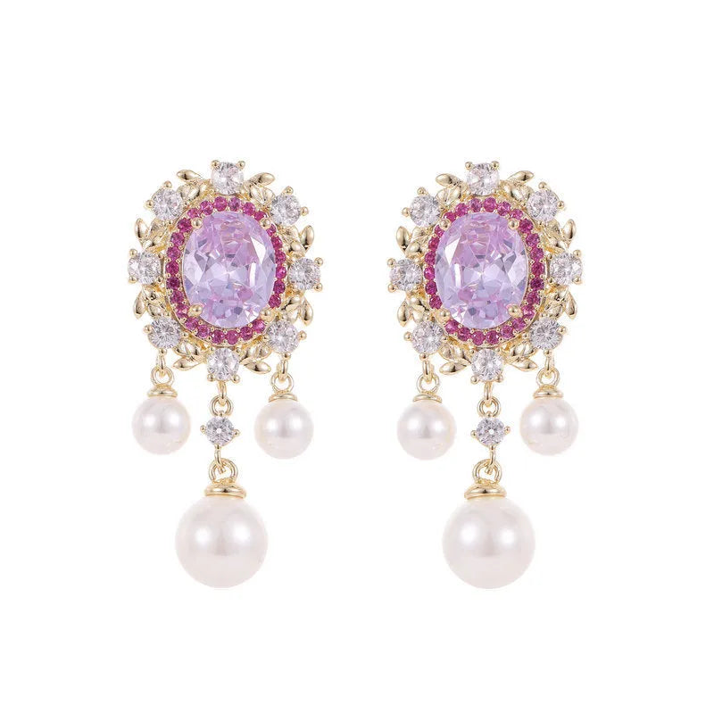 Oval geometric earrings with zircon inlaid details and pearl tassels in light purple colour