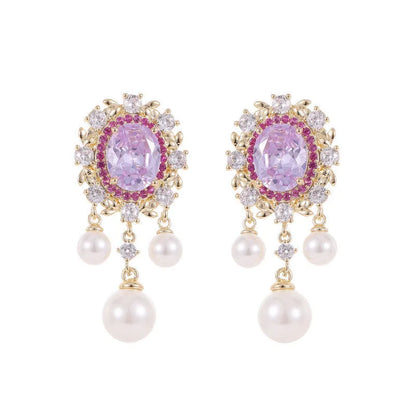 Oval geometric earrings with zircon inlaid details and pearl tassels in light purple colour