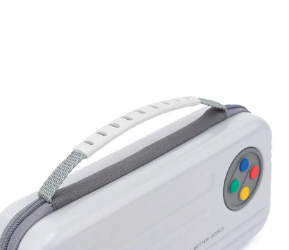 Nintendo Switch storage clutch case in grey, showing size and portable handbag design.