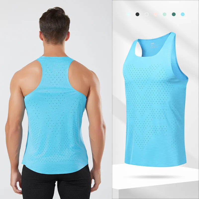Men's sleeveless polyester running vest in seven colours, sizes S to 2XL, solid colour sports top