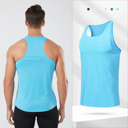Men's sleeveless polyester running vest in seven colours, sizes S to 2XL, solid colour sports top