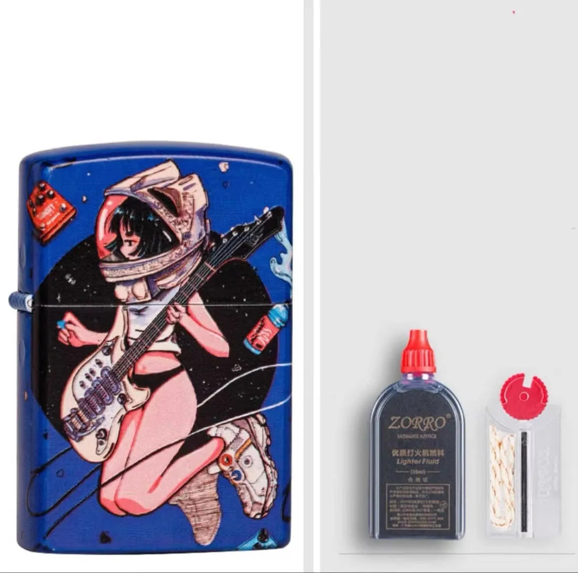 Windproof kerosene lighter with grinding wheel, pure copper case, shown with artistic design options.
