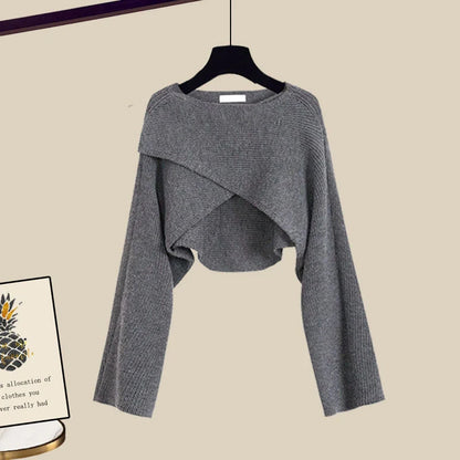 Women's 3-piece knitted sweater suit with shirt and wide-leg pants in grey and white