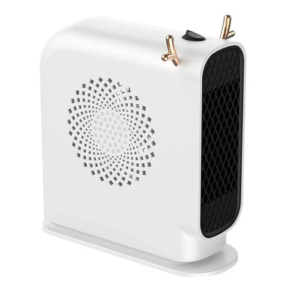 Compact desktop heater in white, green, and yellow for small space warming