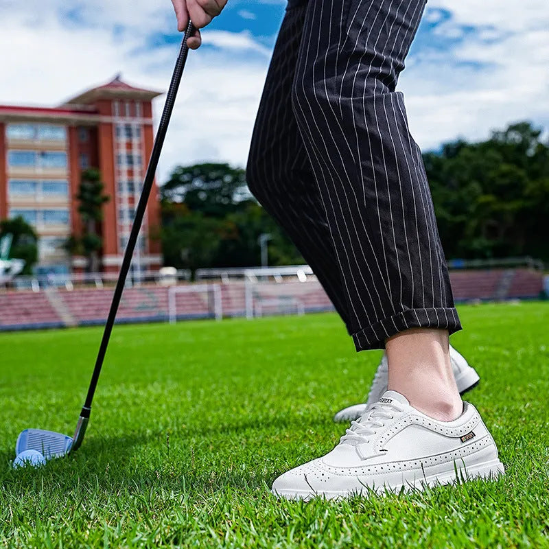 Men's lightweight golf shoe in lake blue with genuine leather upper and non-slip rubber sole.