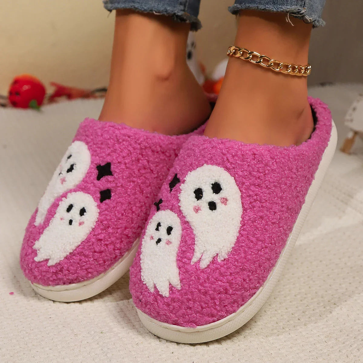 Cozy Halloween ghost-themed cotton slippers for women in pink and black colors