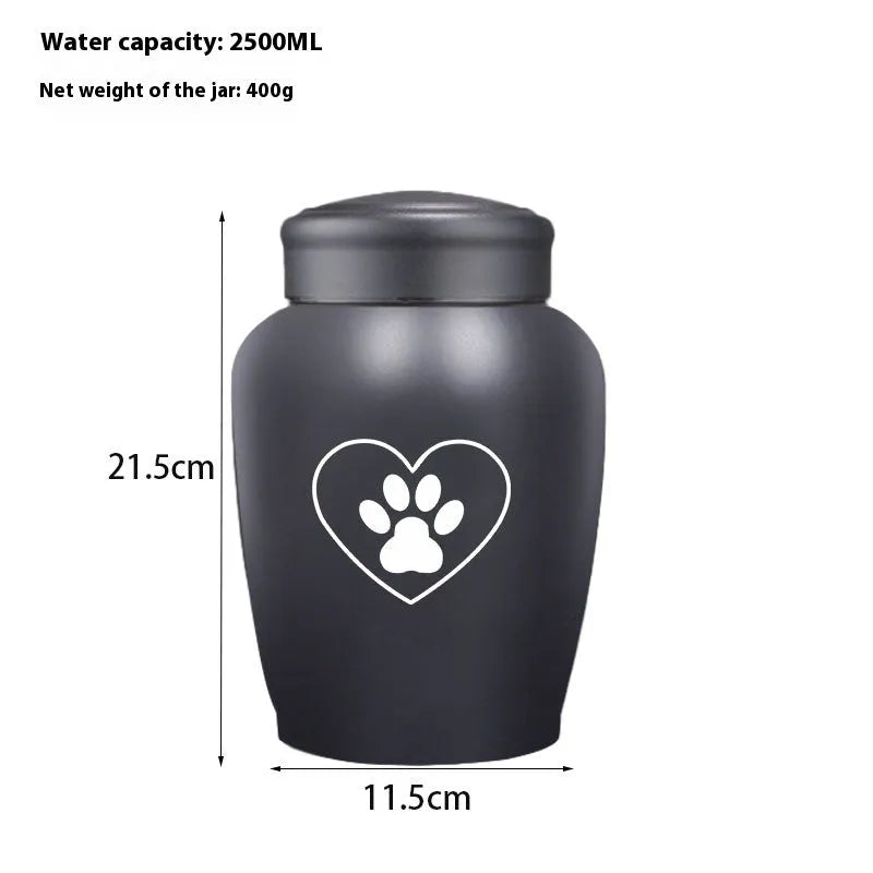 Stainless steel funerary urn with hand-painted Chinese design, large 2500ml capacity.