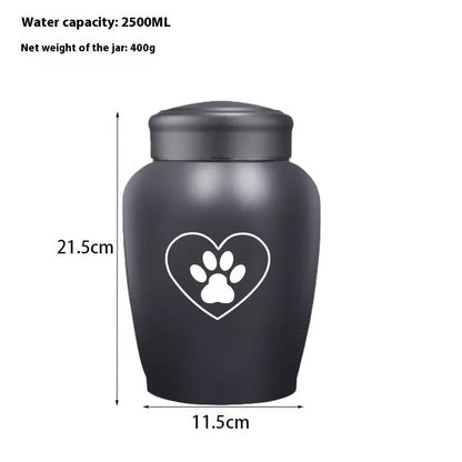 Stainless steel funerary urn with hand-painted Chinese design, large 2500ml capacity.