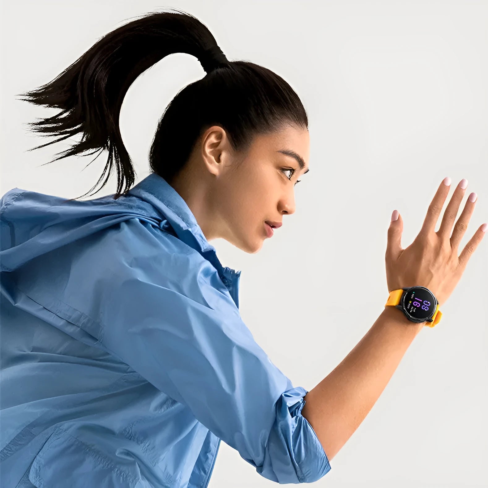 Dual band GPS smart watch with 1.43 inch touchscreen and silicone strap in black, white, or blue colours