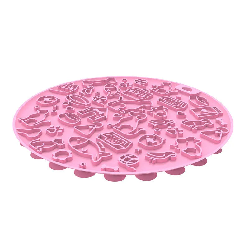 Pet licking mat with round silica gel sucker: slows down feeding to aid digestion, reduces anxiety, and is easy to clean with dishwasher-safe silicone. Available in five colours.