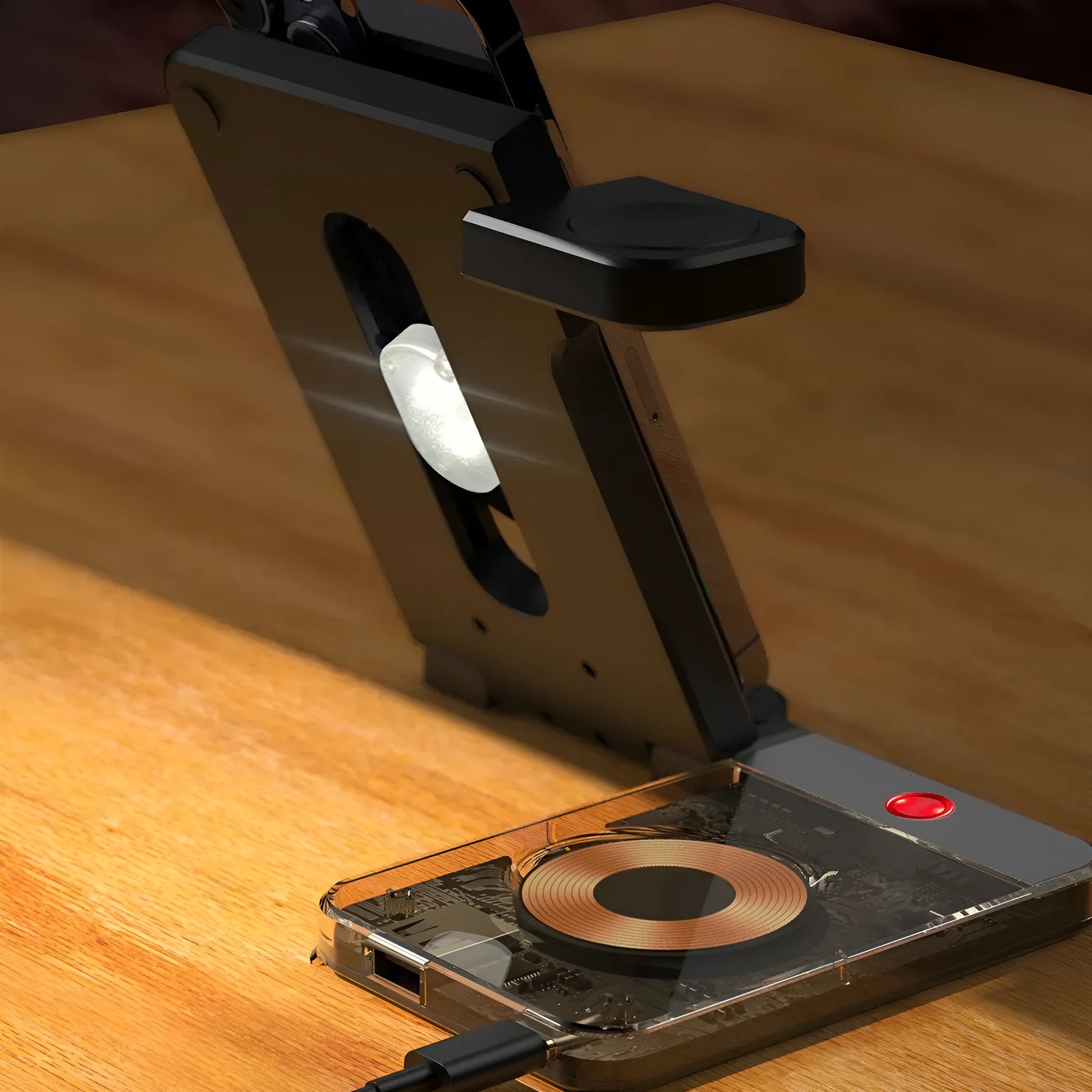 Black foldable three-in-one magnetic wireless charging stand for phone watch and AirPods on desk