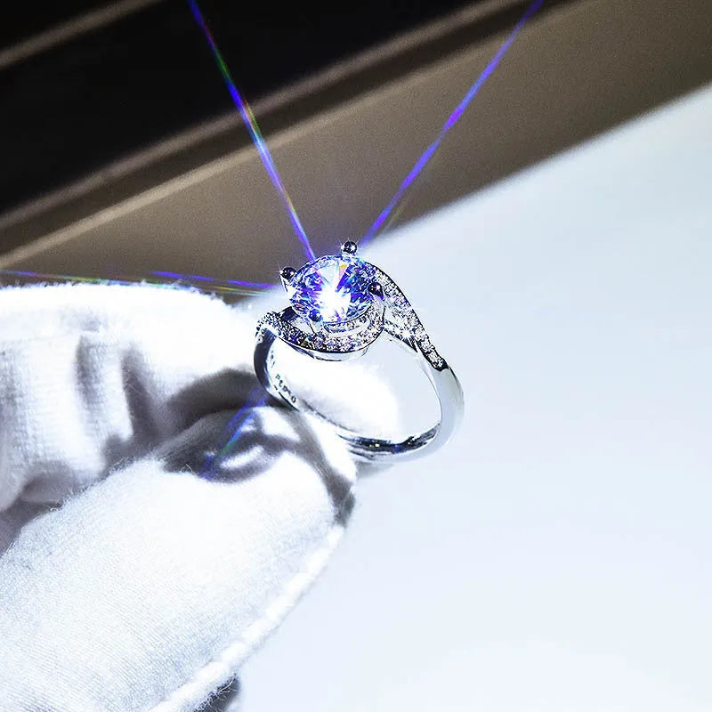 Silver adjustable open mouth women's ring with 8mm synthetic moissanite angel eyes and geometric texture