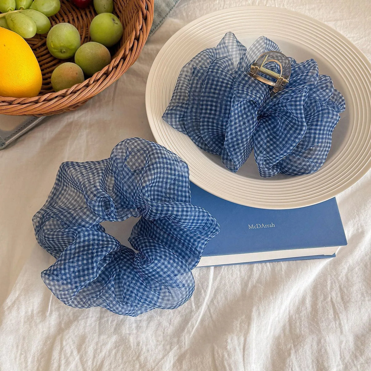 Tibetan blue grid seersucker shark hair clip with matching barrette and hair ring accessories