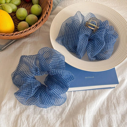 Tibetan blue grid seersucker shark hair clip with matching barrette and hair ring accessories