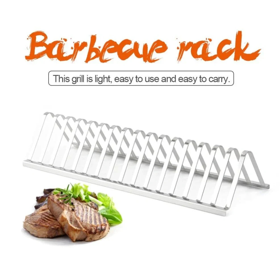 Silver stainless steel barbecue rib rack, 31cm long, elevated design for even grilling of multiple meats