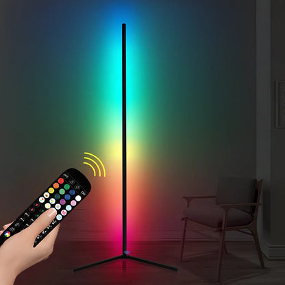 Black Bedroom Symphony RGB floor lamp with aluminium body, silicone shade, and 52-key remote for music-synced lighting