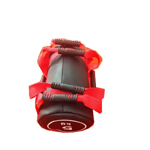 White PVC training sandbag with leather exterior shown in gym setting with weight options from 5kg to 30kg