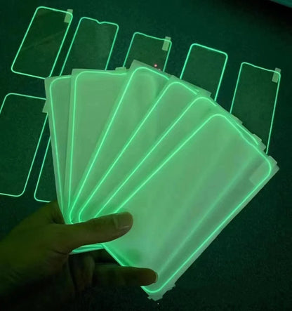 Fluorescent tempered glass screen protector for iPhone with luminous glow in pink, yellow, green, blue, and grass green colours