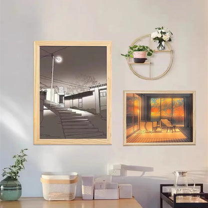 Illuminated acrylic LED decorative light painting showing a sunshine scene, with USB cable and button switch.