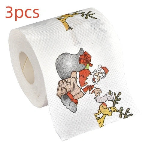 Christmas-themed toilet paper roll with Santa Claus and holiday designs