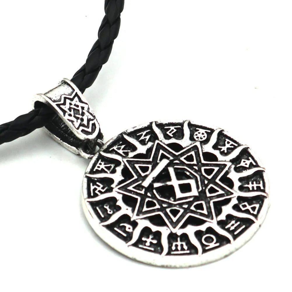 Lunavin ODing text pendant on antique silver snake chain and separate leather cord
