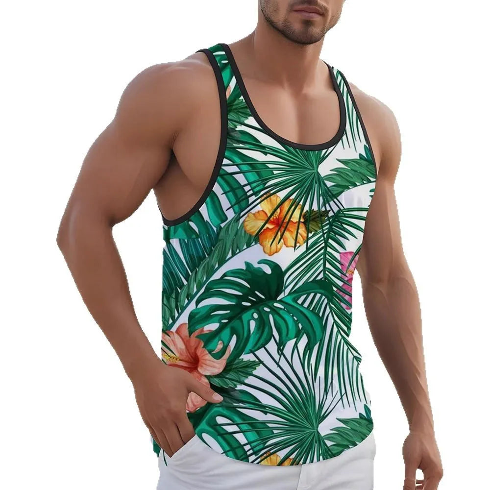 Men's 3D printed sleeveless vest in solid colour Hawaiian style