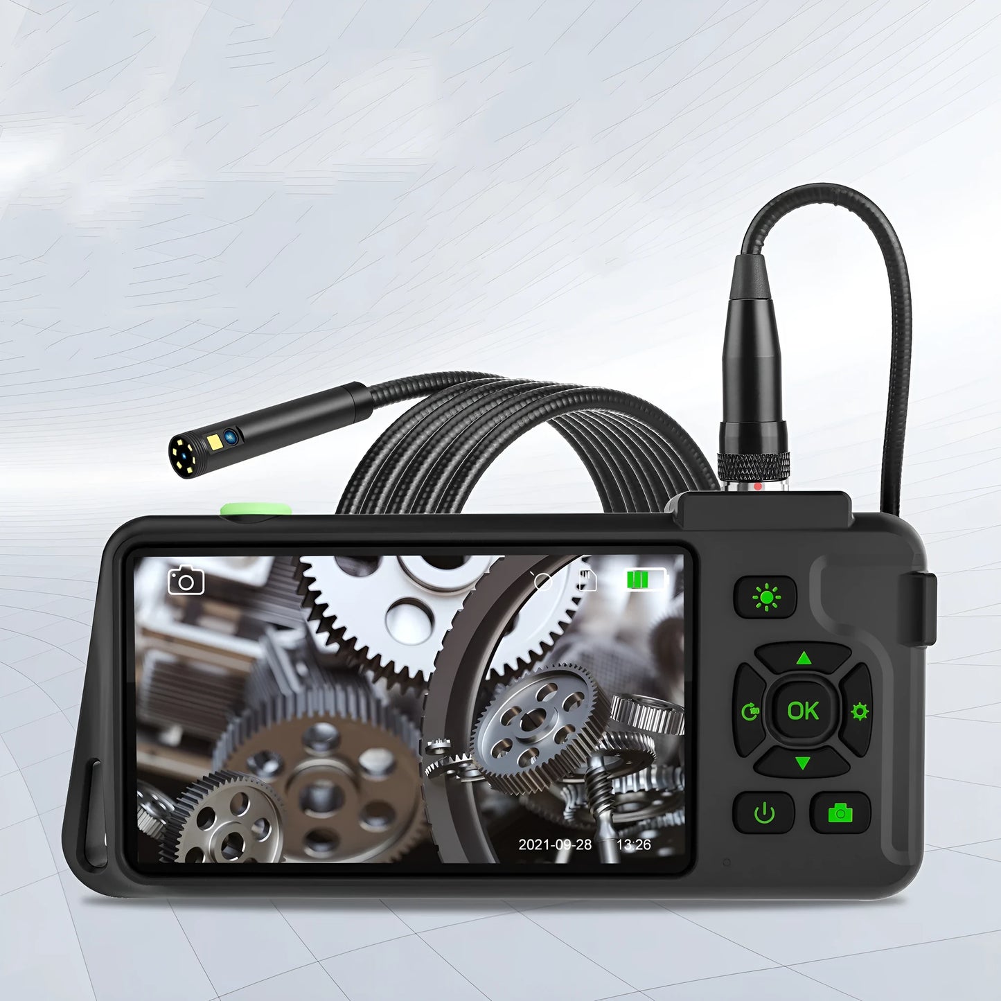 Handheld industrial endoscope with a 4.5-inch screen and a 1-metre black probe cable extended.