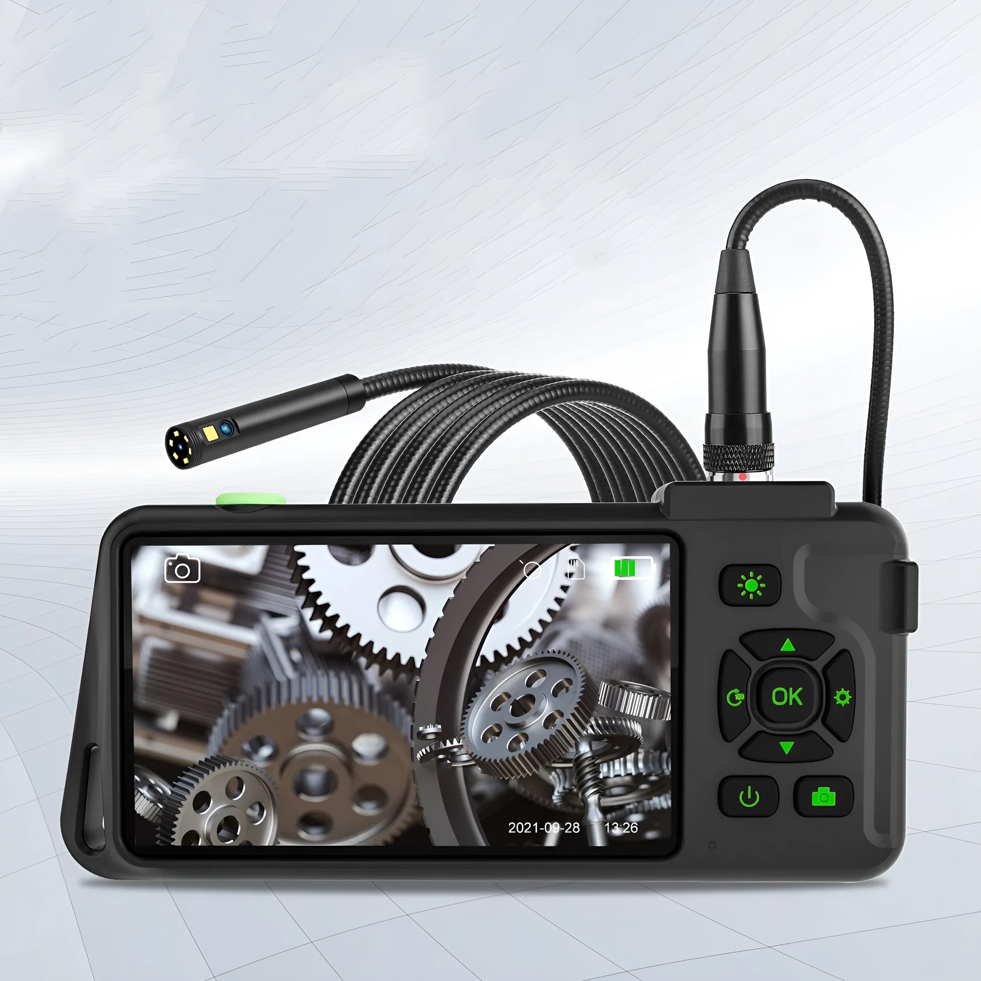 Handheld industrial endoscope with a 4.5-inch screen and a 1-metre black probe cable extended.