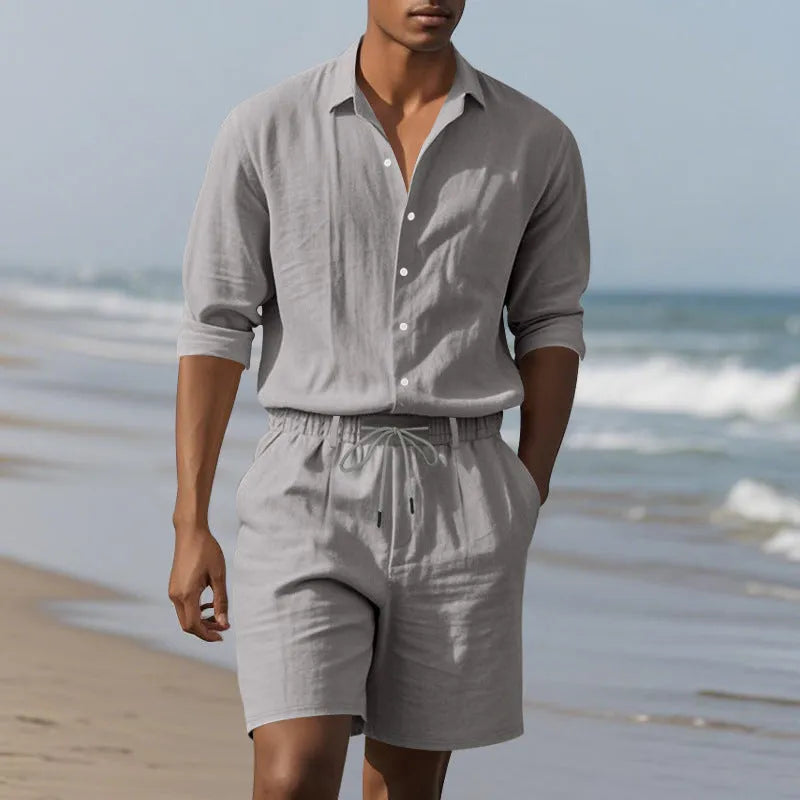 Linen long sleeve shirt and shorts casual suit set shown in available colours: white, black, khaki, light blue, gray.