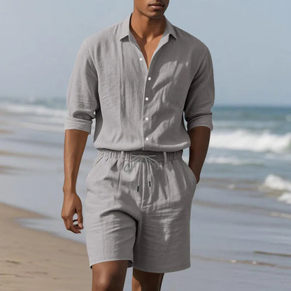 Linen long sleeve shirt and shorts casual suit set shown in available colours: white, black, khaki, light blue, gray.