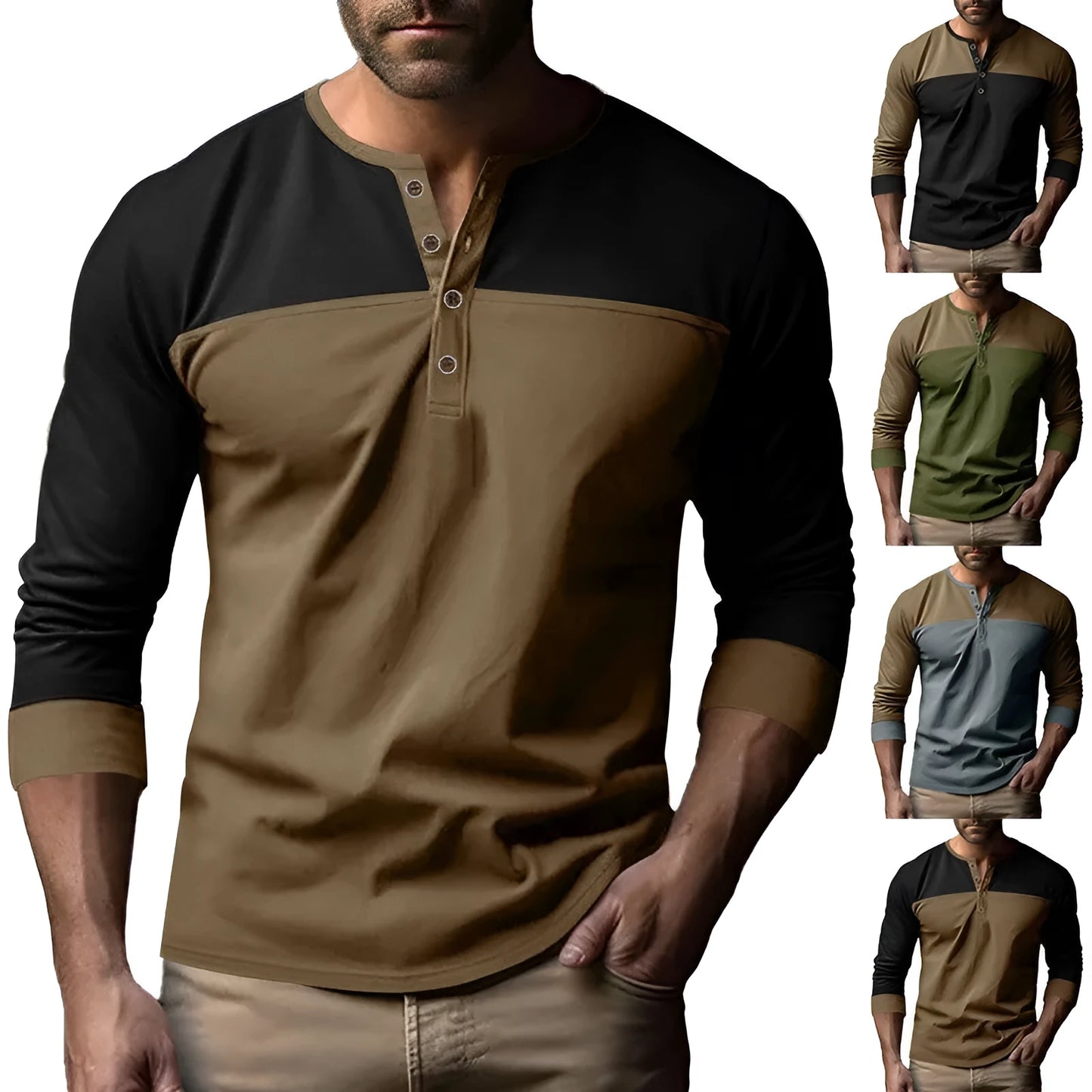 Long-sleeve henley collar casual shirt in solid colour, shown in available sizes and colours.