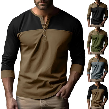 Long-sleeve henley collar casual shirt in solid colour, shown in available sizes and colours.