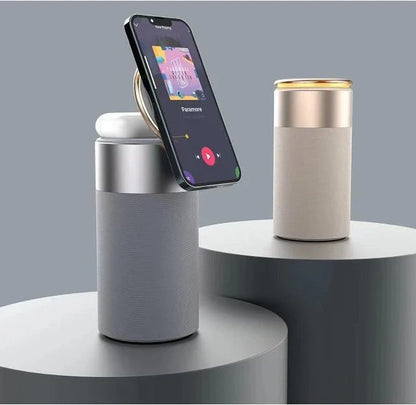 A 3-in-1 device that wirelessly charges iPhones and AirPods, plays Bluetooth audio, and has a touch-sensitive lamp