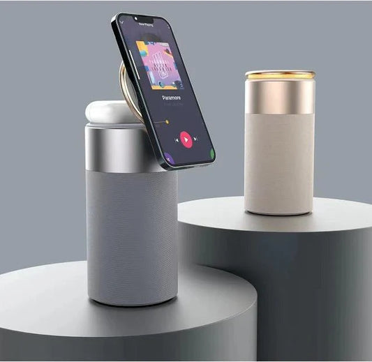 A 3-in-1 device that wirelessly charges iPhones and AirPods, plays Bluetooth audio, and has a touch-sensitive lamp