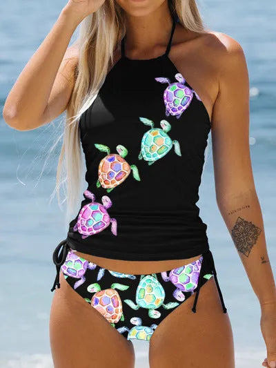 Conservative European and American women's colourful split pattern swimsuit for swimming.