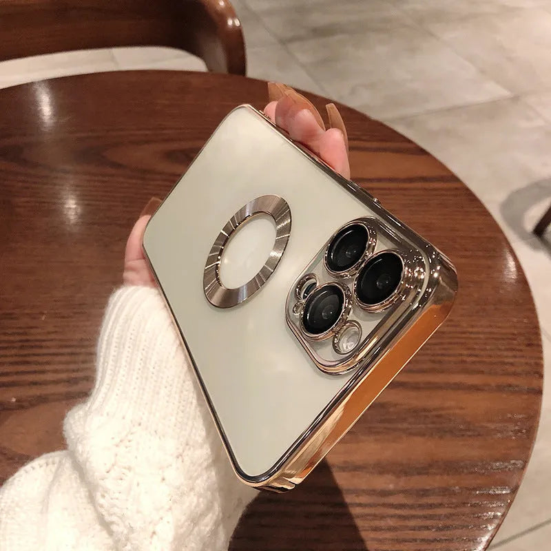 Electroplated silicone iPhone case with built-in camera lens protector shown in Far Peak Blue colour.