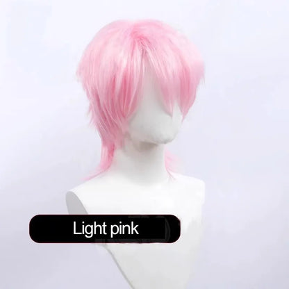 Short-length anime cosplay wig in high-temperature fibre on a stand.