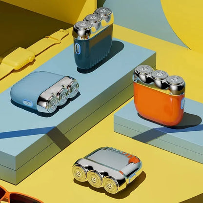 Mini electric shaver with three floating heads in gun colour, orange, green, or blue options