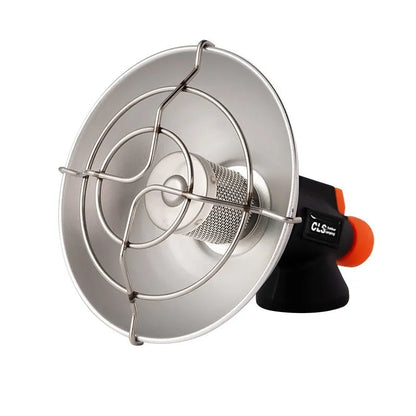Black and orange portable heating stove with automatic ignition for camping, weighing 215g.
